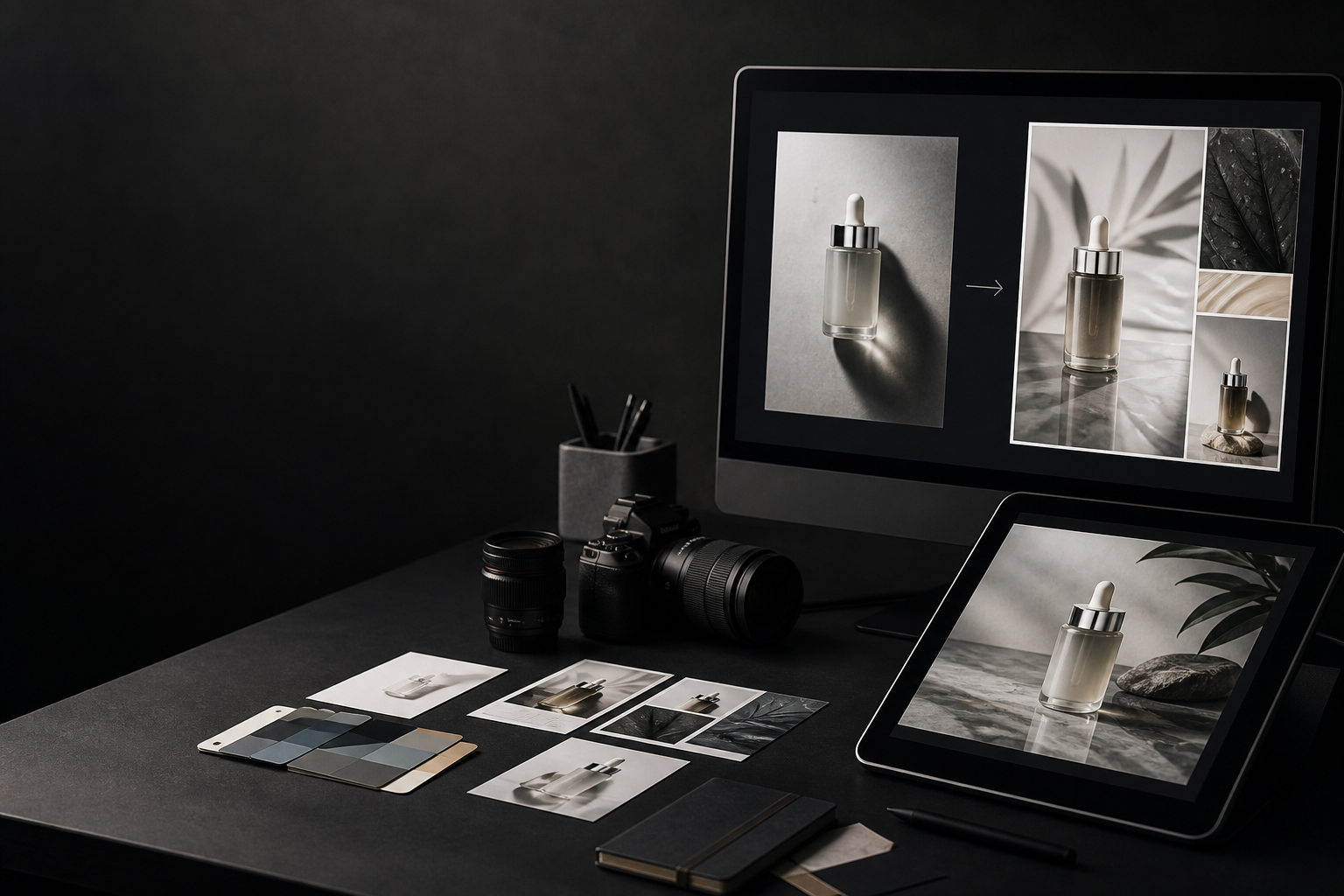 Mesa de studio com materiais visuais comerciais em processo de refinamento